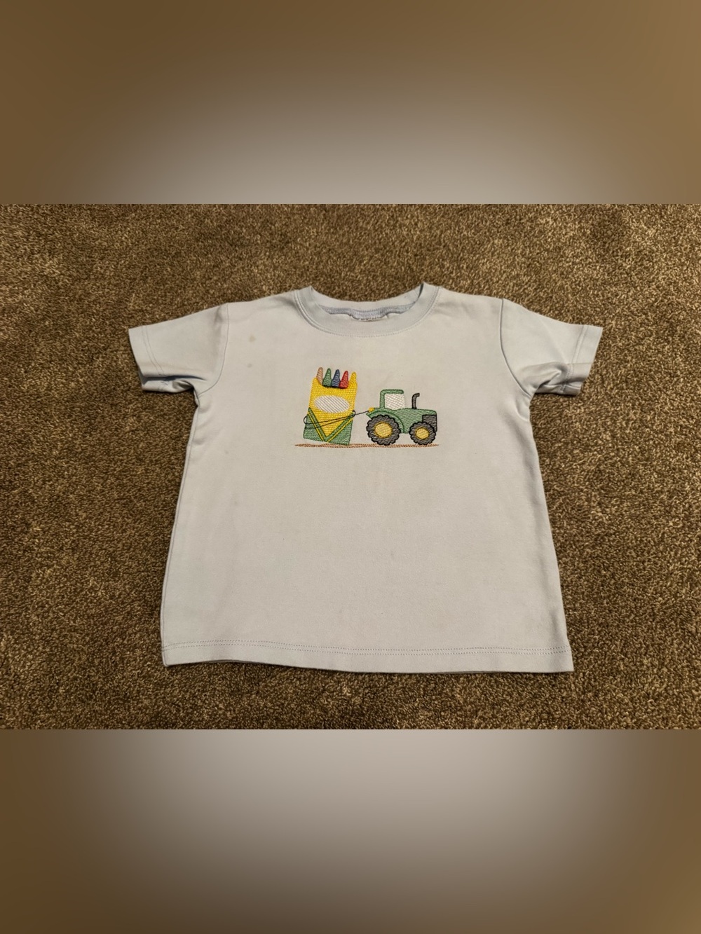 Back to school Blanks Boutique 4T pale blue t shirt tractor crayons Embroidered